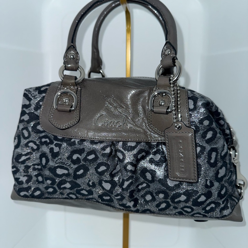 Coach Metallic Gray and Black Leopard Satchel